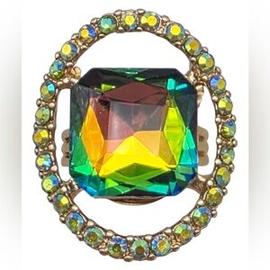 Multicolor Square Center w/on Outer Ring Small Crystal Gems Gold-Tone Ring